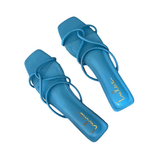 Lulus Shoes - NWOT Lulus Square Toe Sandals Blue Cross Band Straps Flat Heel Women's 9